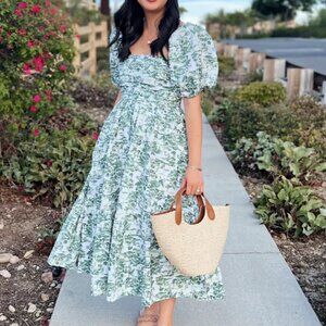 Abercrombie & Fitch Emerson Poplin Puff Sleeve Midi Dress in Olive Size S